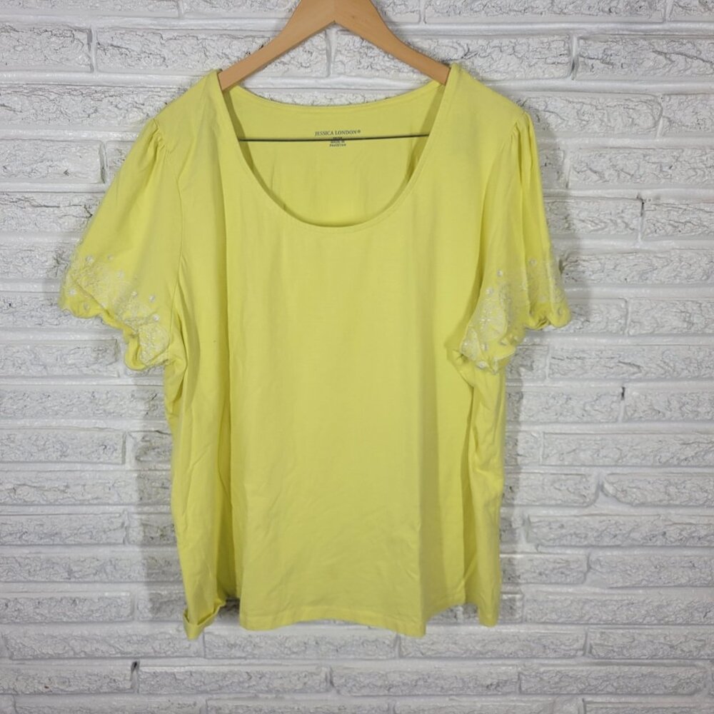 Jessica London Top 26 28 Plus Size Yellow Cotton Embroidered Short Sleeve YEL9E
